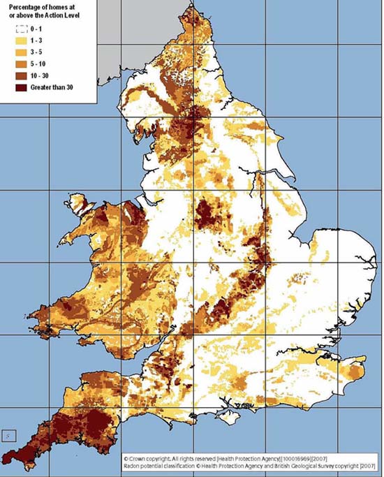 Map of England and Wales showing estimated percentage of homes above the radon Action level